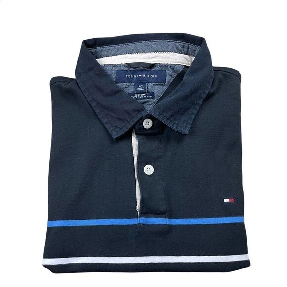 Tommy‎ Hilfiger Polo Shirt Mens Large L Black Striped Custom Fit Short Sleeve - Picture 1 of 8